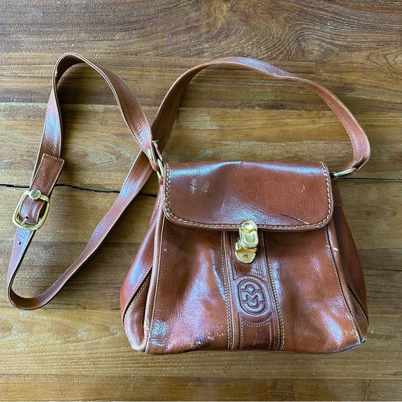 Vintage Marino Orlandi Purse Crossbody Bag Cognac Red Brown Leather Gold - Picture 2 of 15
